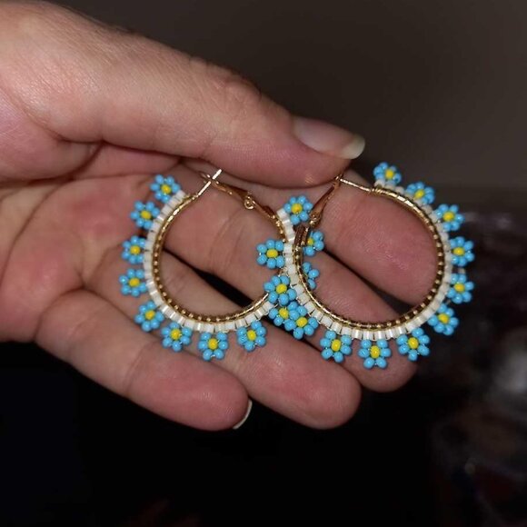 Handmade Beaded Daisy Hoop Earrings • Blue & Yellow Floral Boho Hoops - Picture 2 of 5
